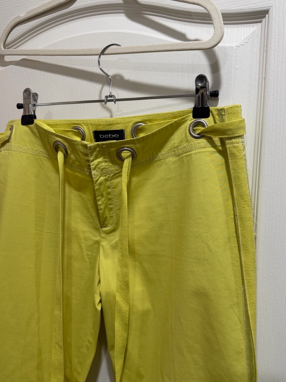 bebe Bright green y2k pants with silver grommets and Drawstring